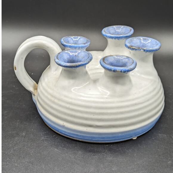 Vintage Hand Thrown Pottery Oil Lamp Signed Steve Fishley 94 White Blue 5 Necks - Picture 2 of 12